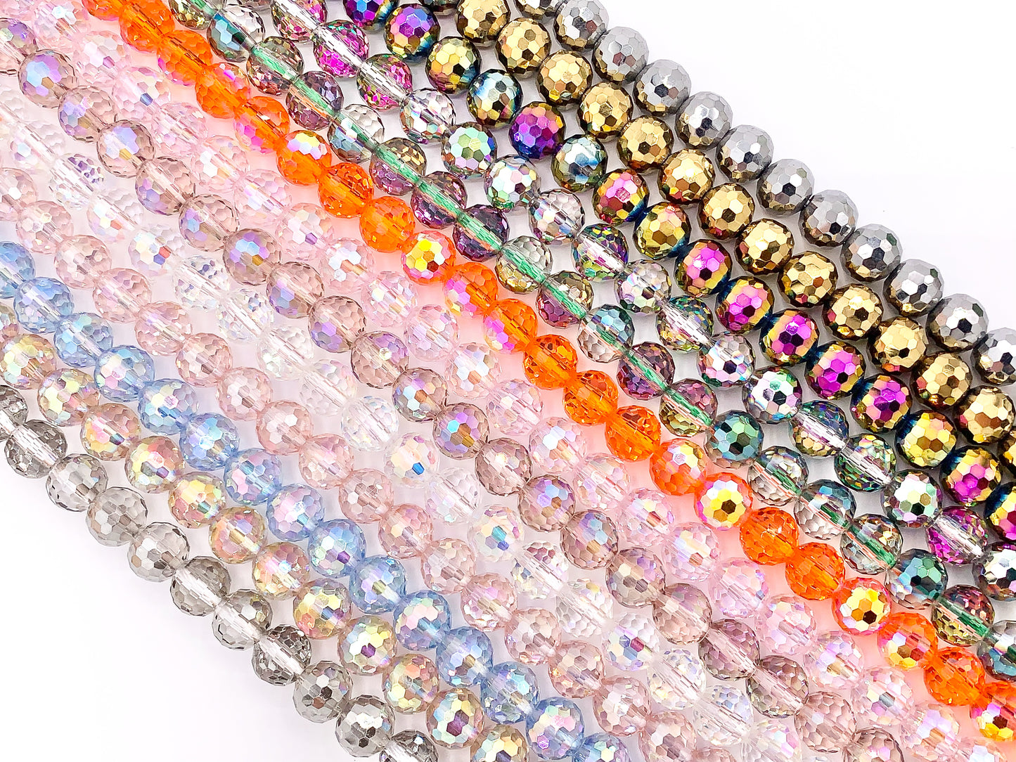 8mm High Quality Crystal Round Faceted 96 Cut Extra Shiny Crystal Beads 1 Strand 10" Available in 19 Colors