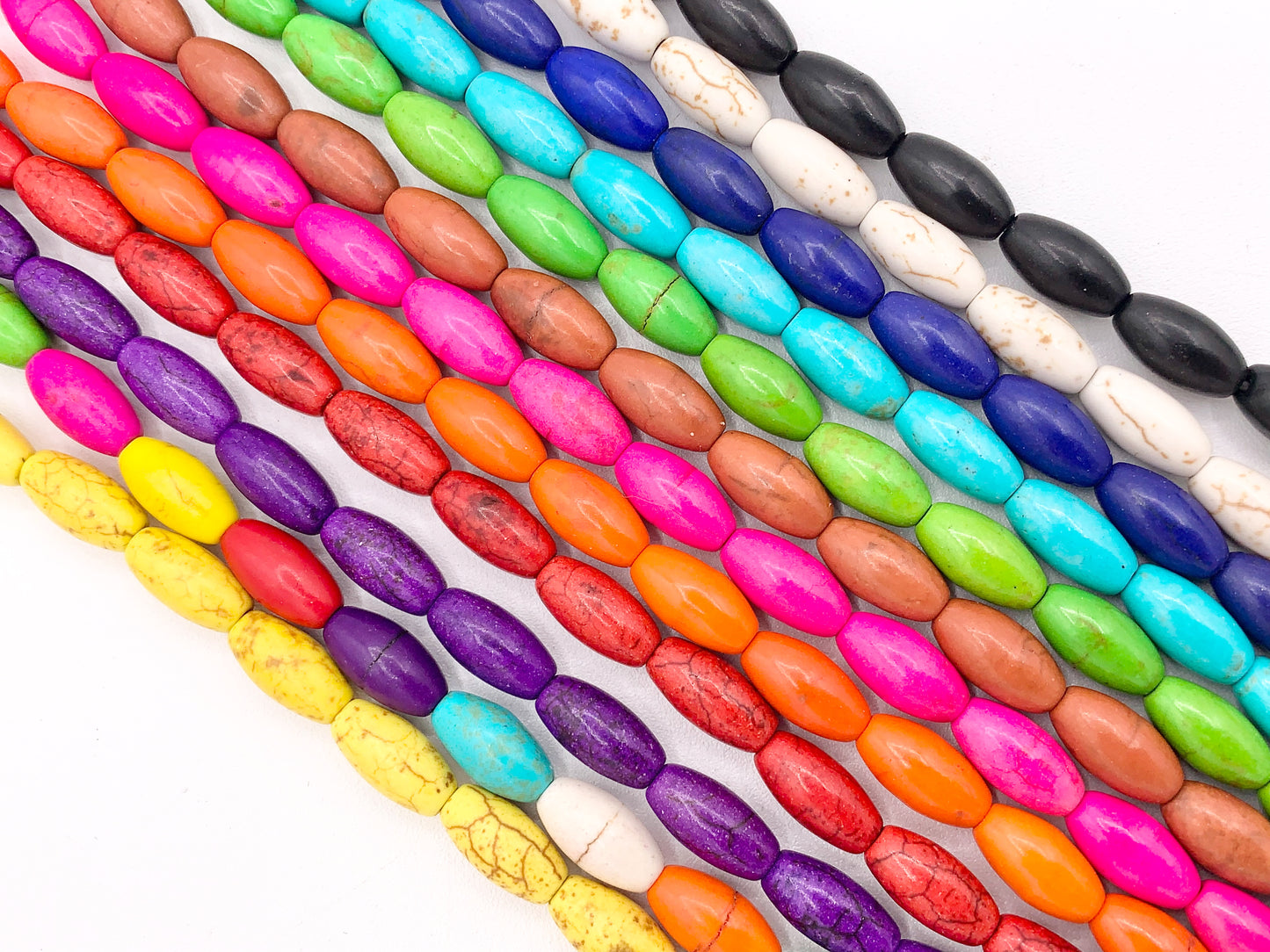 6.5x12mm Howlite Rice Shape Beads White, Red, Turquoise, Multicolor, Green, Red, Dark Blue, Purple And More Around 15" Price 1 Strand