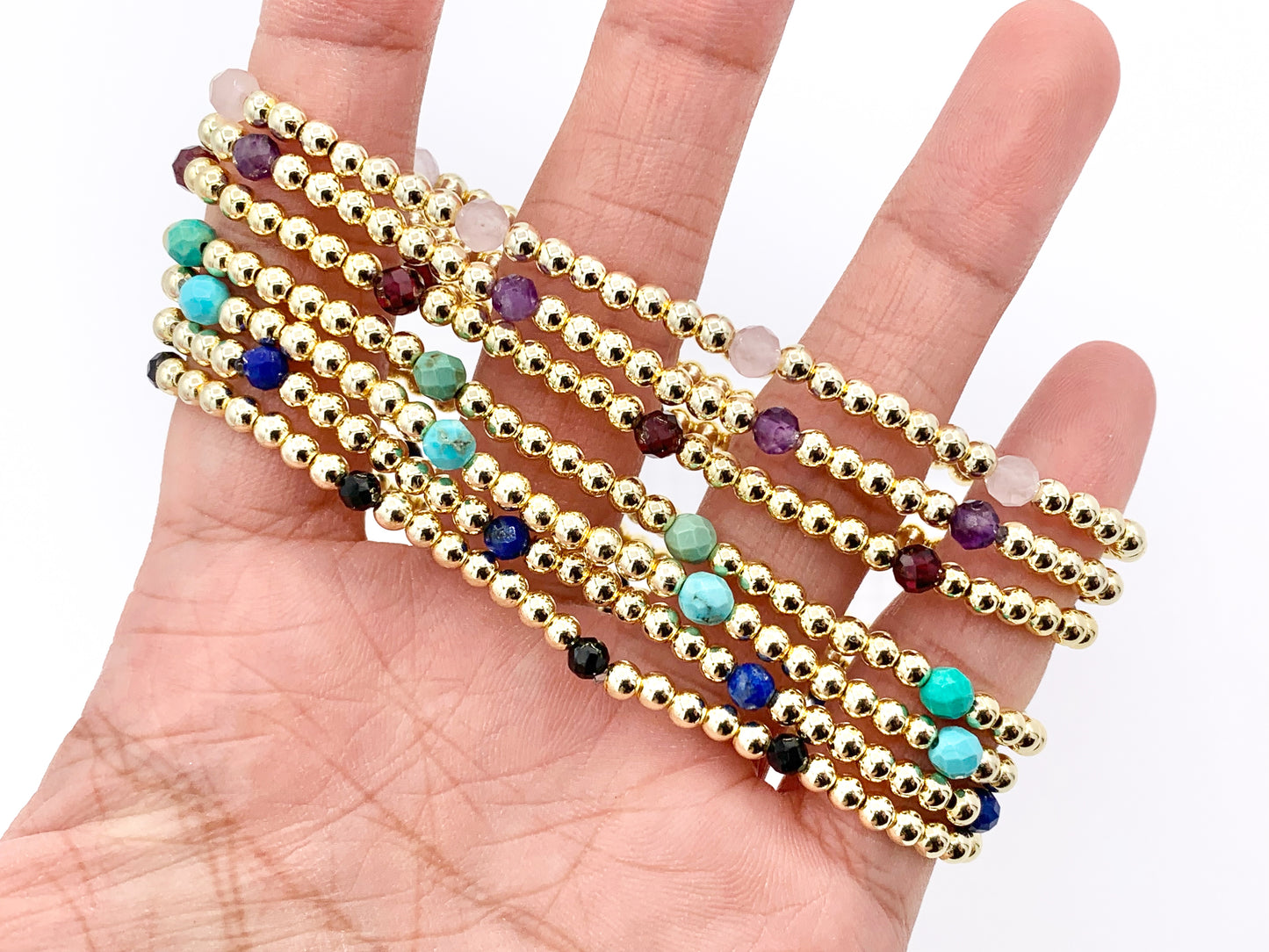 18K Gold Plated Hematite + Assorted Stones Dainty Stretchy Bracelet 1 piece
