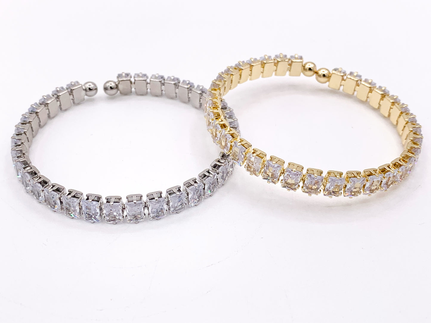CZ Pave Cluster Rhinestone Baguette Fancy Flexible Bracelet Cuffs In Real Gold/Platinum 18K Plated Copper 3 PCS