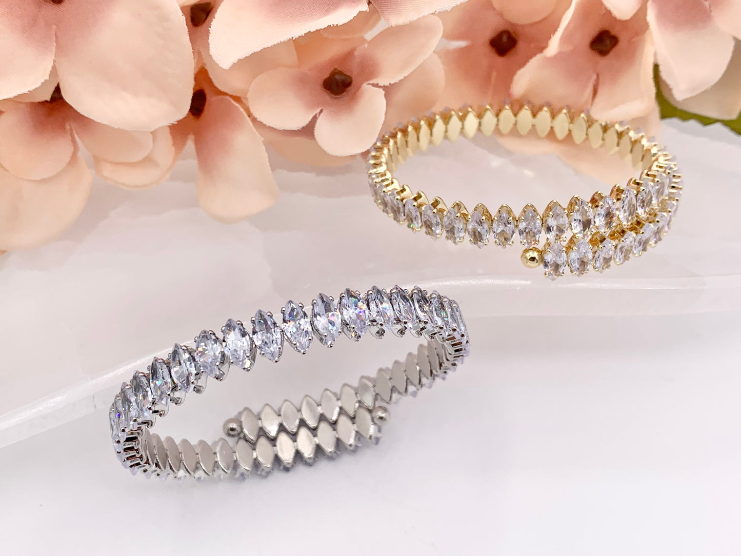 CZ Pave Cluster Rhinestone Baguette Fancy Flexible Bracelet Cuffs In Real Gold/Platinum 18K Plated Copper 3 PCS