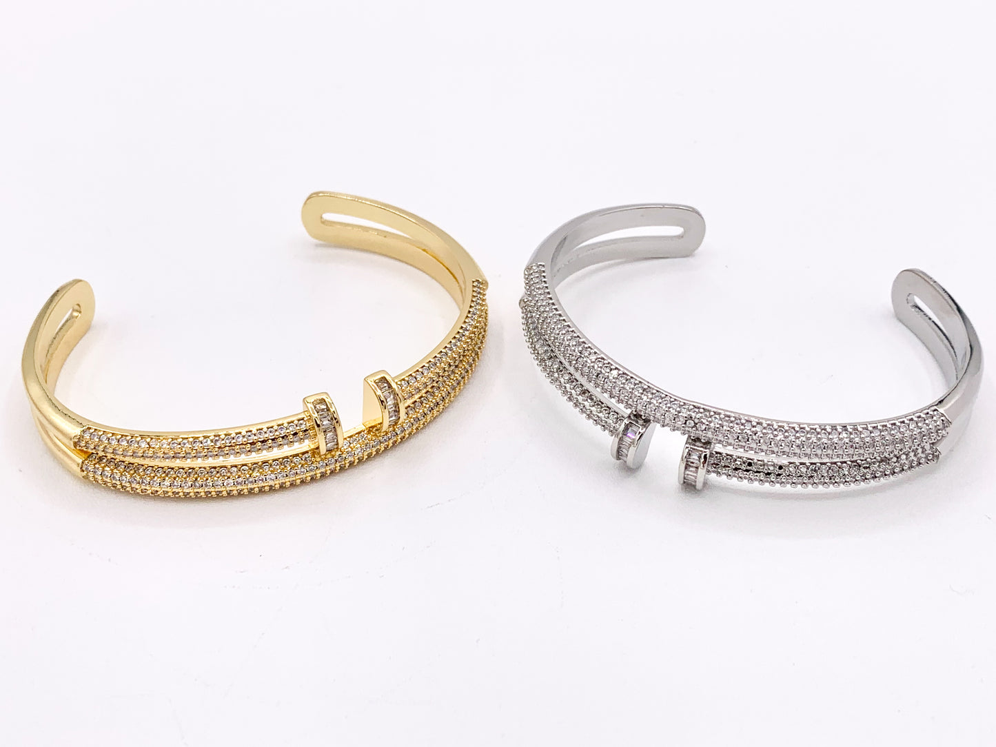 Trendy Designer Like CZ Pave Rhinestone 2 Layers Nail Adjustable Bracelet Cuffs in Real 18K Gold/Platinum Plated Copper 1PC