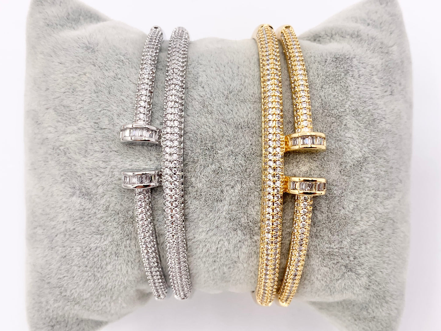 Trendy Designer Like CZ Pave Rhinestone 2 Layers Nail Adjustable Bracelet Cuffs in Real 18K Gold/Platinum Plated Copper 1PC