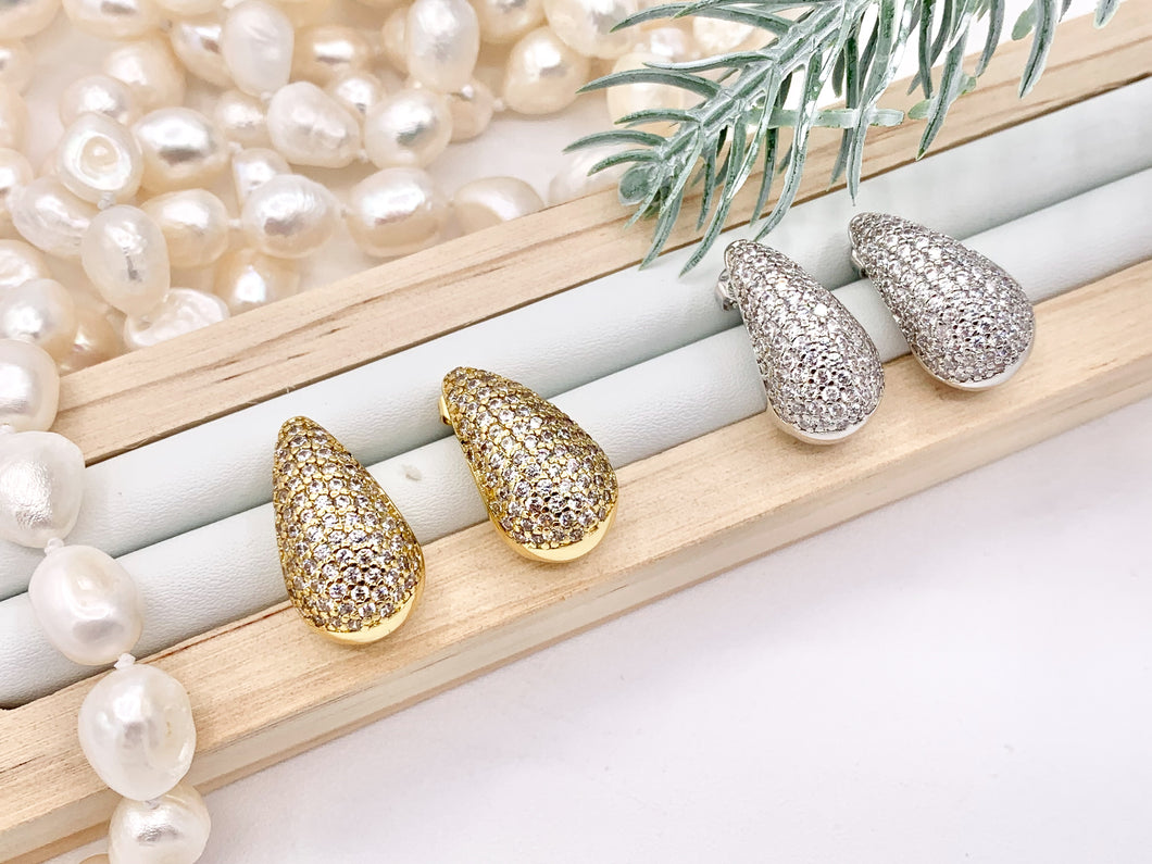 CZ Pave Drop Puffy Earrings in 18K Gold or Silver Plated Copper 3 PAIRS