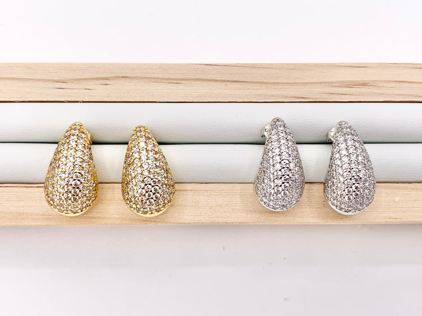 CZ Pave Drop Puffy Earrings in 18K Gold or Silver Plated Copper 3 PAIRS