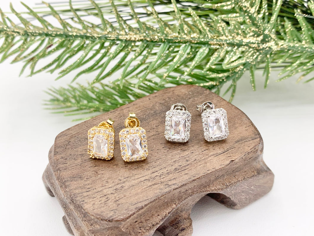 Cute Tiny Rectangle Minimalist Earring Studs in Rhinestone CZ Pave Designed in 18K Gold or Silver Plated Copper 5 PAIRS