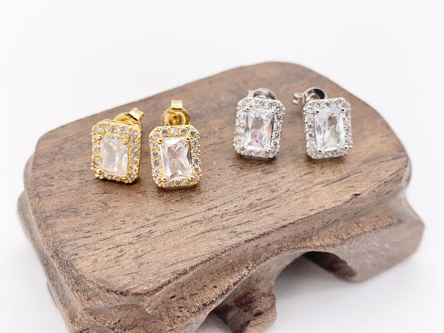 Cute Tiny Rectangle Minimalist Earring Studs in Rhinestone CZ Pave Designed in 18K Gold or Silver Plated Copper 5 PAIRS