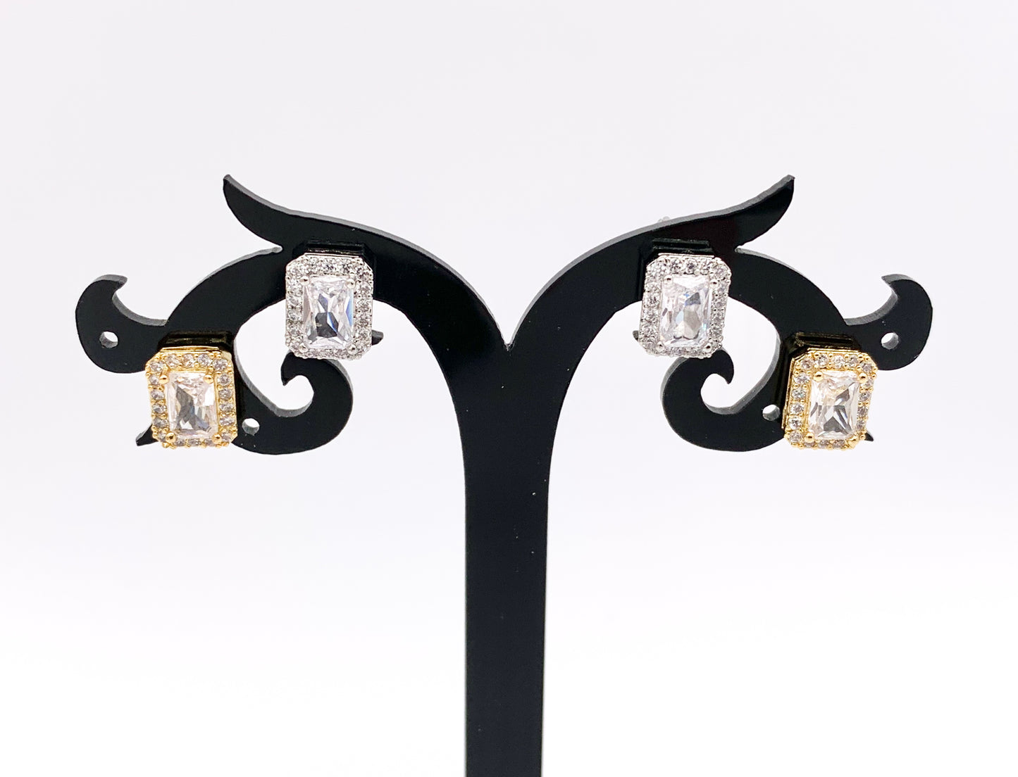 Cute Tiny Rectangle Minimalist Earring Studs in Rhinestone CZ Pave Designed in 18K Gold or Silver Plated Copper 5 PAIRS
