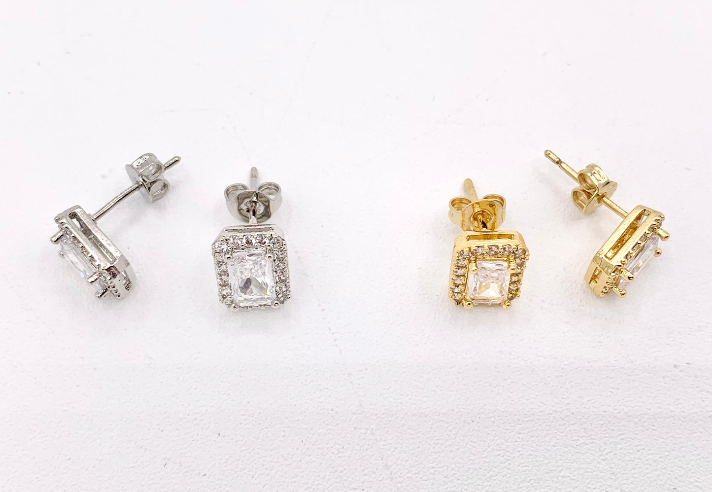Cute Tiny Rectangle Minimalist Earring Studs in Rhinestone CZ Pave Designed in 18K Gold or Silver Plated Copper 5 PAIRS