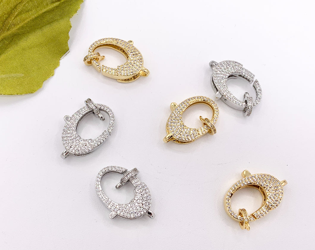 CZ Pave Luxury Large Oval Lobster Clasps Real Gold/Platinum Plated Over Brass 3 PCS