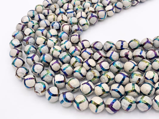 Electroplated Tibetan Agate Mystic Coated Faceted Stripe Agate Beads 6mm 8mm 9-10mm 11-12mm Natural Stone Beads