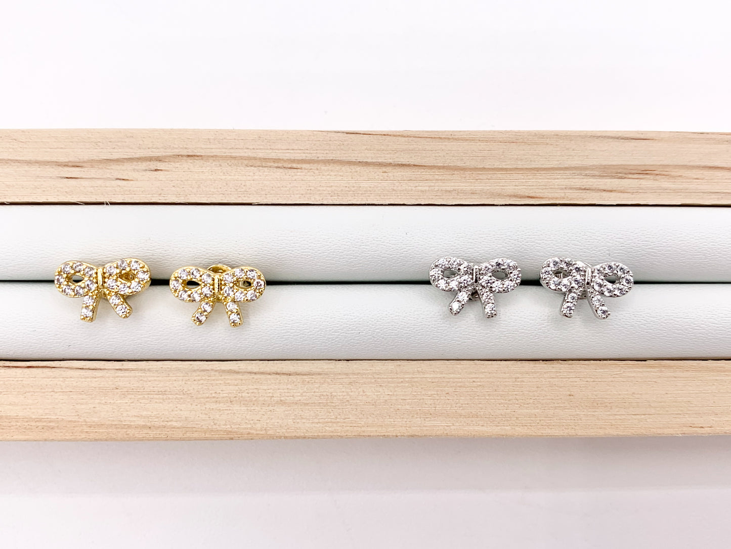 Cute Bowtie Earring Studs in CZ Pave 18K Gold/Platinum Plated Over Copper Earrings 3 PAIRS