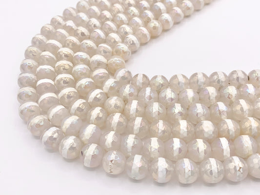 Electroplated Tibetan Agate Mystic Coated Faceted White Stripe Agate Beads 6mm 8mm 9-10mm 11-12mm Natural Stone Beads