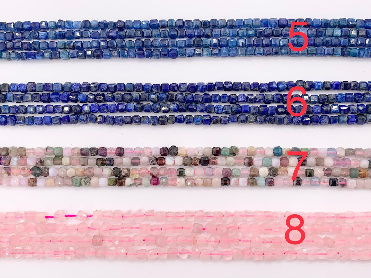 3mm Assorted High Quality Dainty Stone Hand Cut Faceted Cube Beads 8 Different Natural Stone Beads 15" Strand