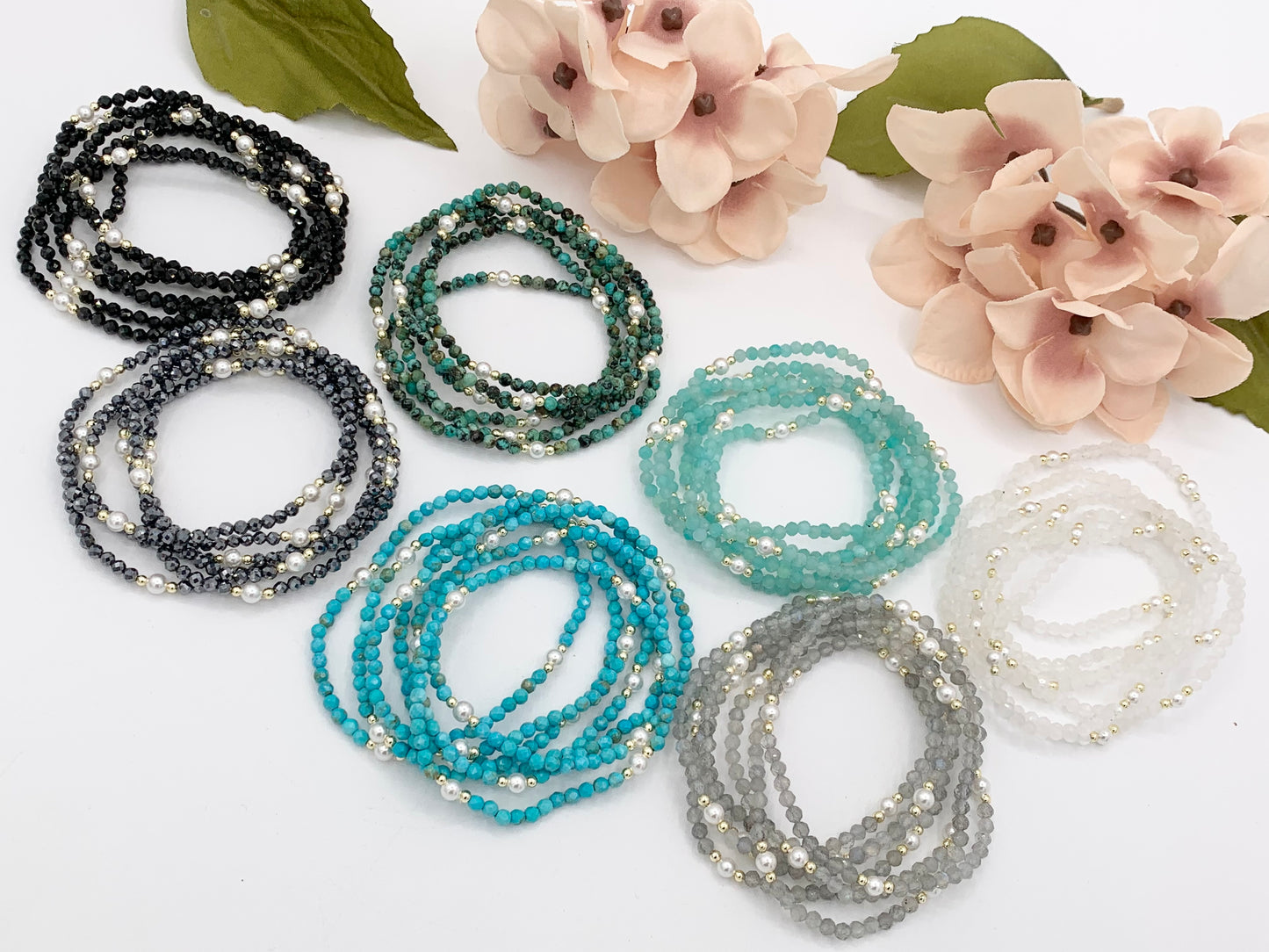 Assorted Stones With Pearls Dainty Stackable Stretchy Bracelet 1 piece Black Spinel, Terahertz, African Turquoise, Magnesite And More