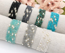 Load image into Gallery viewer, Assorted Stones With Pearls Dainty Stackable Stretchy Bracelet 1 piece Black Spinel, Terahertz, African Turquoise, Magnesite And More
