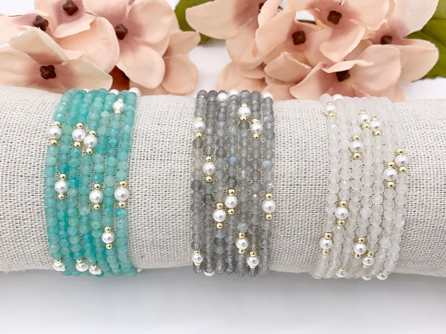 Assorted Stones With Pearls Dainty Stackable Stretchy Bracelet 1 piece Black Spinel, Terahertz, African Turquoise, Magnesite And More