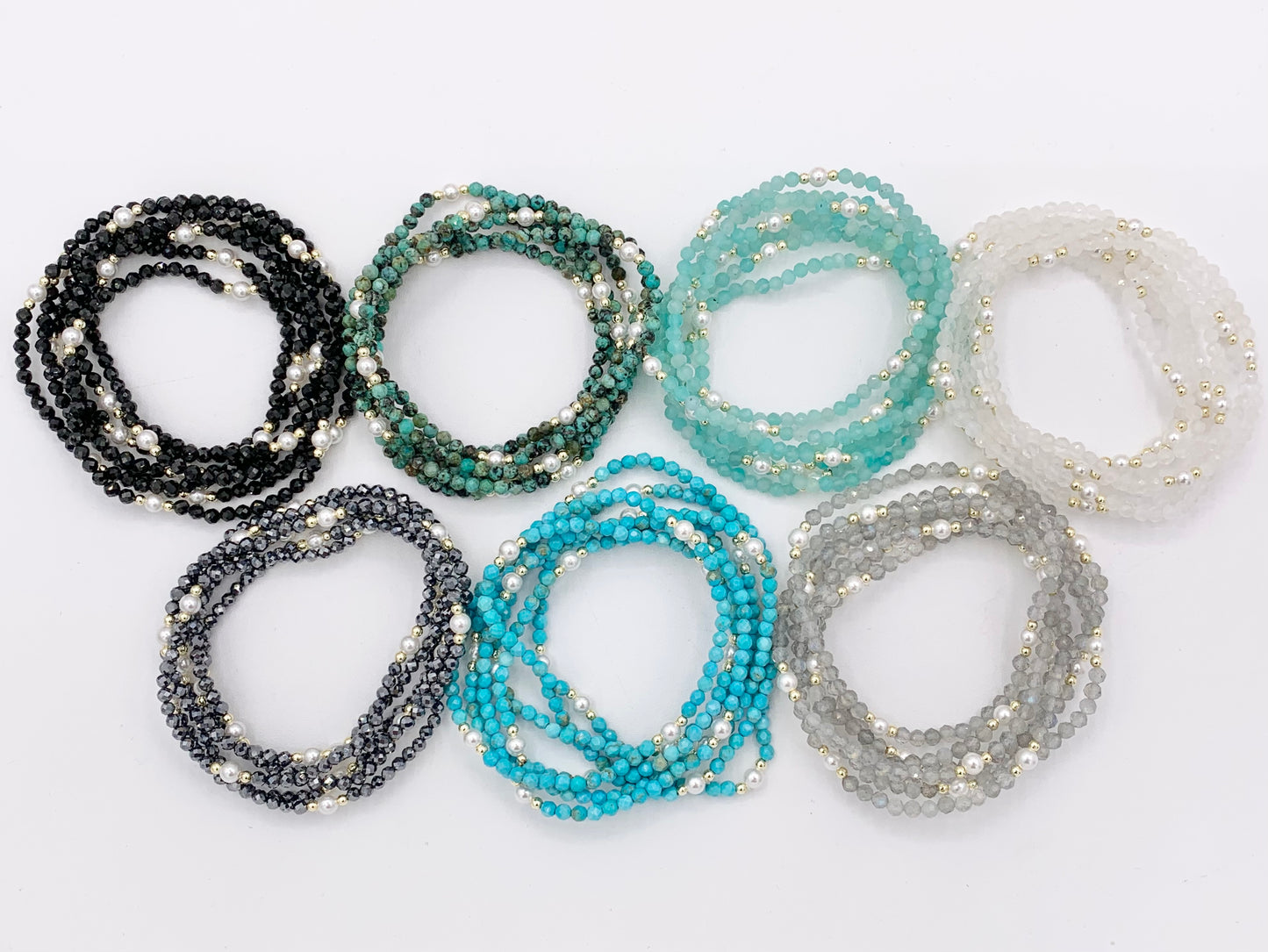 Assorted Stones With Pearls Dainty Stackable Stretchy Bracelet 1 piece Black Spinel, Terahertz, African Turquoise, Magnesite And More