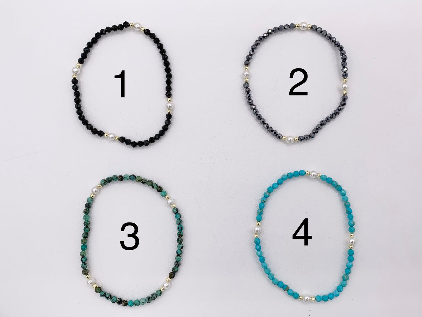 Assorted Stones With Pearls Dainty Stackable Stretchy Bracelet 1 piece Black Spinel, Terahertz, African Turquoise, Magnesite And More
