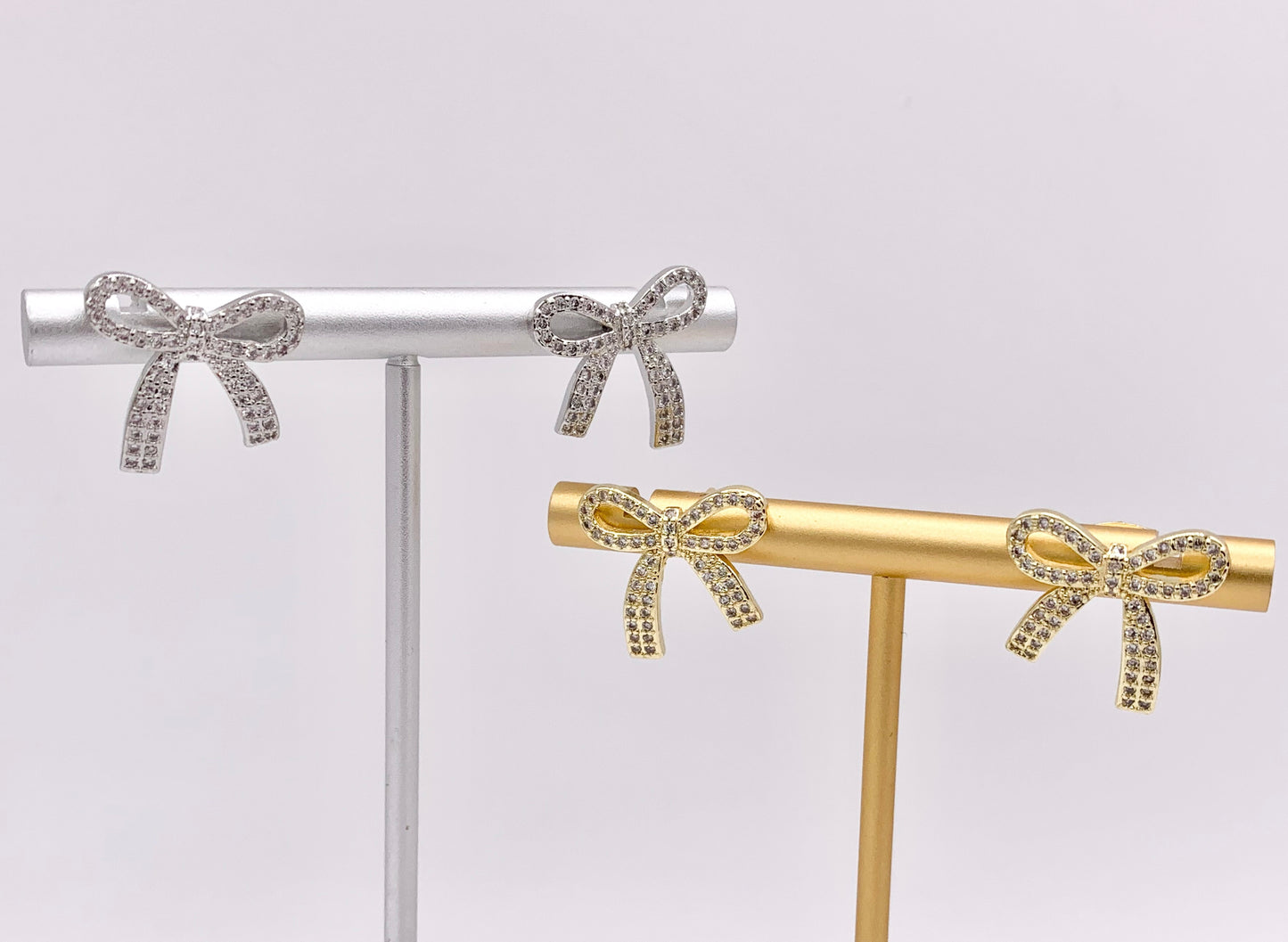Cute Bowtie Earring Studs in CZ Pave 18K Gold/Platinum Plated Over Copper Earrings 3 PAIRS