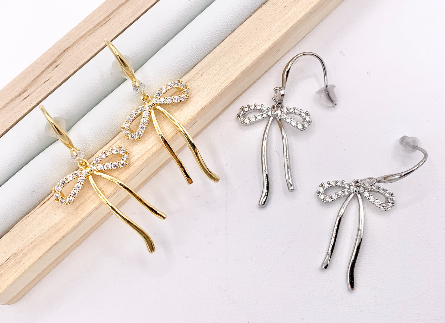 Cute Bowtie Earring Studs in CZ Pave 18K Gold/Platinum Plated Over Copper Earrings 3 PAIRS