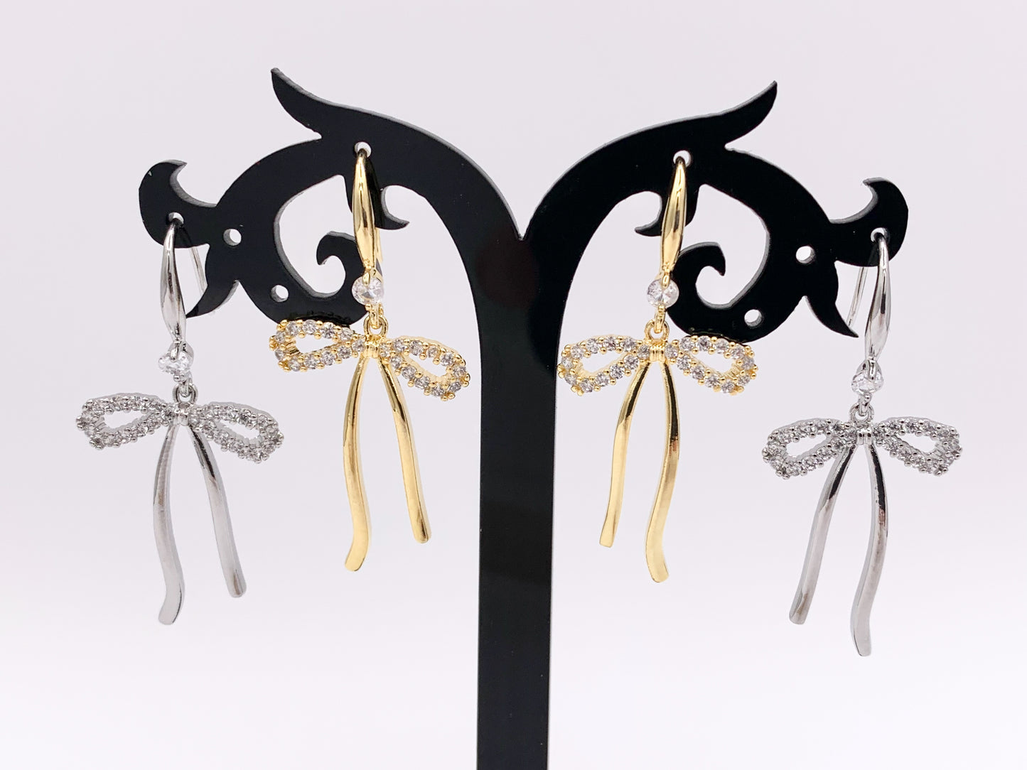 Cute Bowtie Earring Studs in CZ Pave 18K Gold/Platinum Plated Over Copper Earrings 3 PAIRS