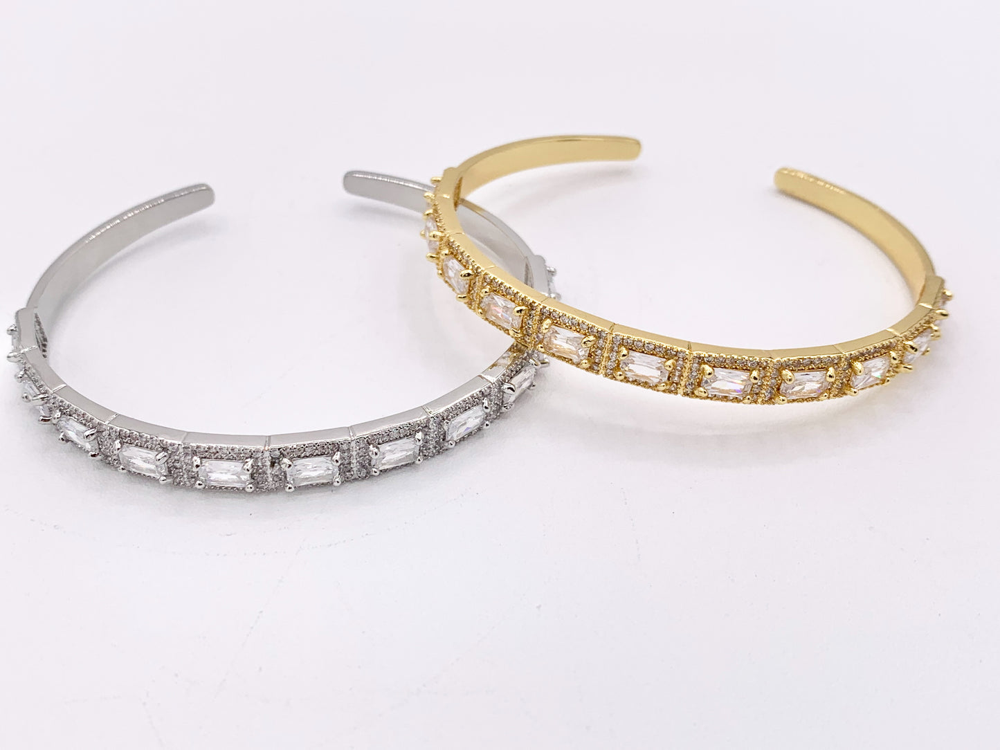 Dainty CZ Pave Rhinestone Baguette Vintage Style Bracelet Cuffs Real Gold/Platinum 18K Plated Copper 1 PC