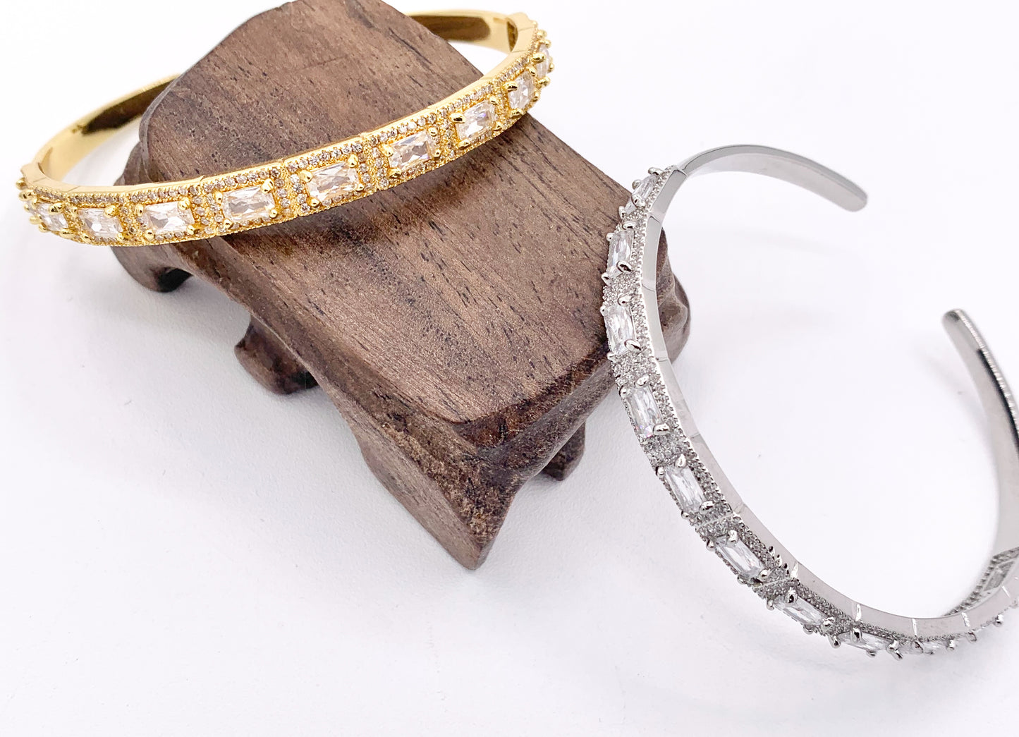 Dainty CZ Pave Rhinestone Baguette Vintage Style Bracelet Cuffs Real Gold/Platinum 18K Plated Copper 1 PC