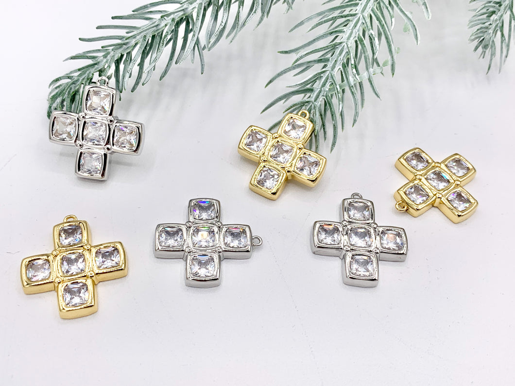 Whimsical Bedazzle Gold Cross Pendants with Beautiful CZ Pave in 18K Gold or Silver plated Copper 5 PCS