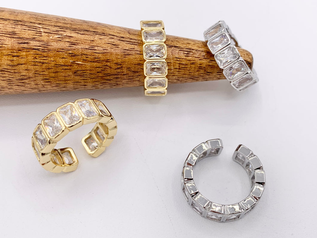 CZ Pave Baguette Link Rings in 18K gold or Silver Plated Copper 3 PCS