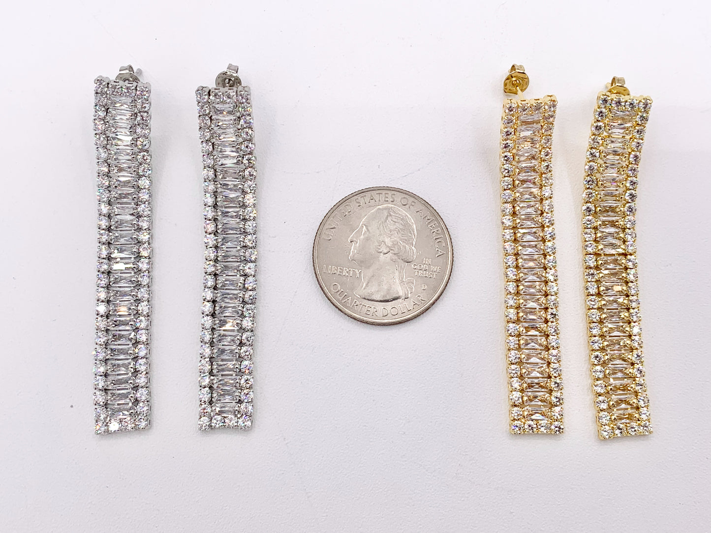 Drop Baguette CZ Pave Dangle Earrings in 18K Gold/Platinum Plated Copper 3 PAIRS