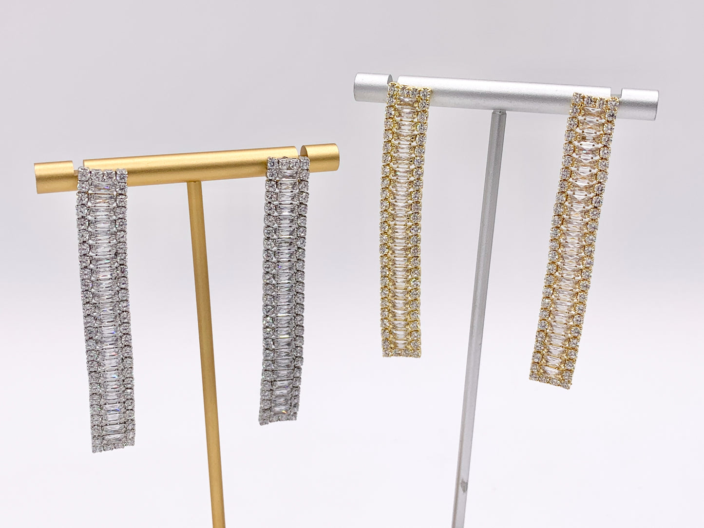 Drop Baguette CZ Pave Dangle Earrings in 18K Gold/Platinum Plated Copper 3 PAIRS