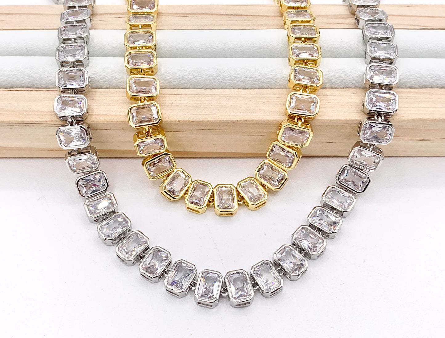 CZ Pave Baguette 16" Necklace / 7" Bracelet Gold/Platinum Plated Copper