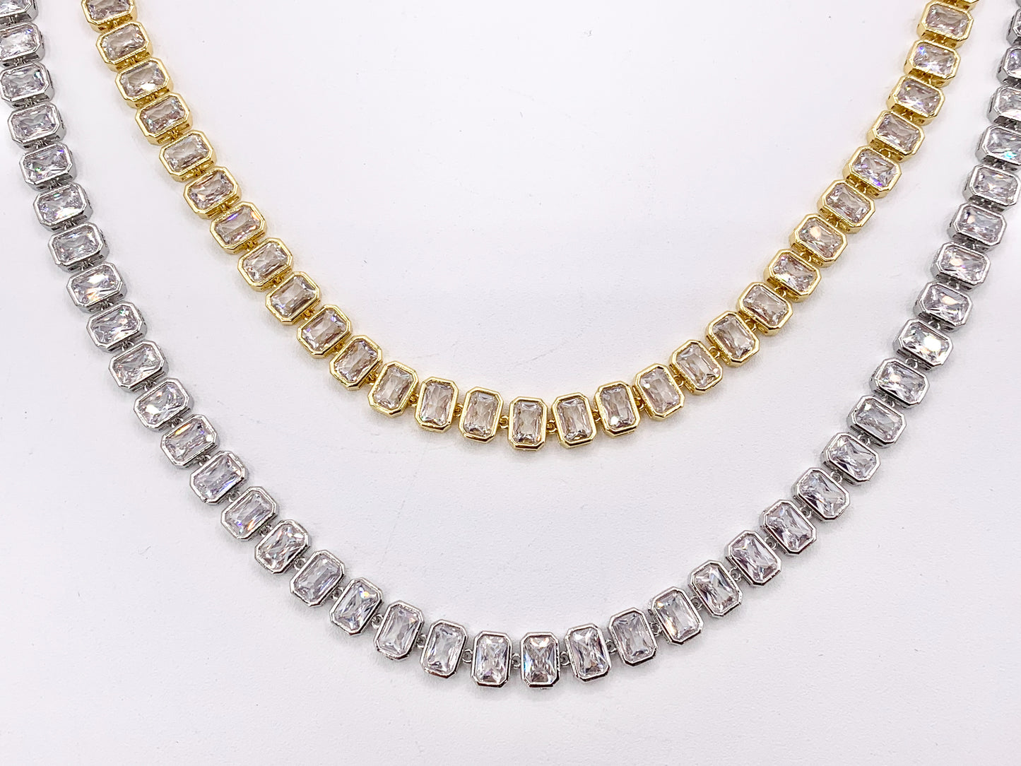 CZ Pave Baguette 16" Necklace / 7" Bracelet Gold/Platinum Plated Copper