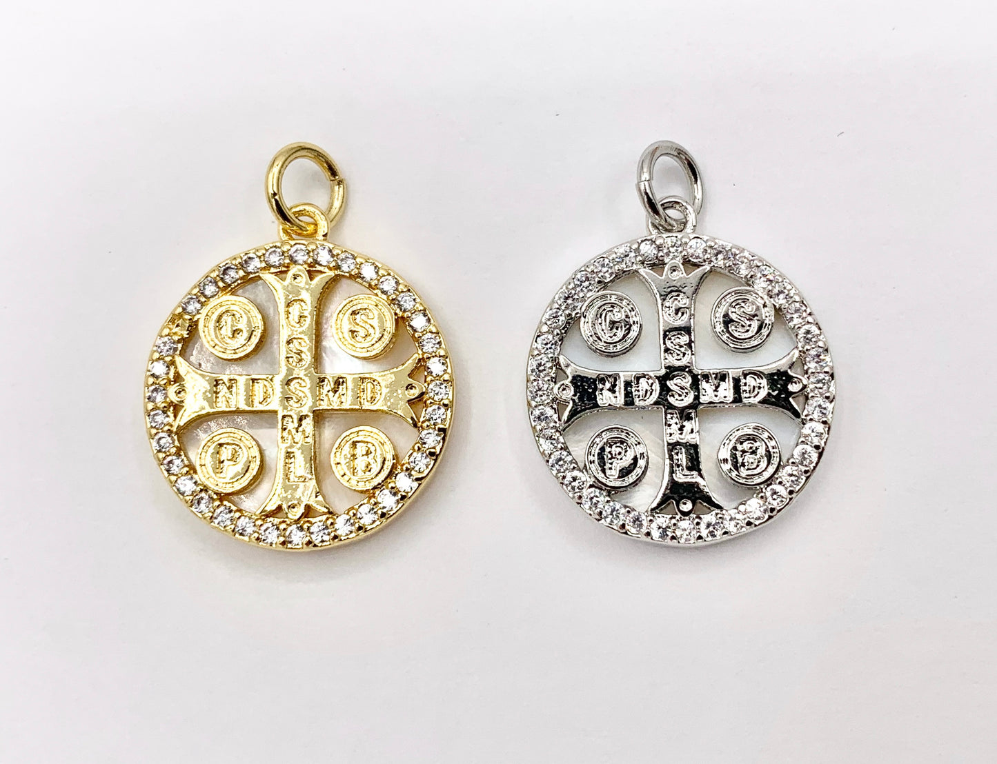 16mm Coin Cross Charm White Lip Shell St Benedict Cute Tiny Religious Pendants in 18K Gold/Silver Plated over Copper 5 PCS