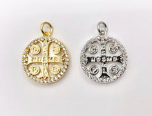 Load image into Gallery viewer, 16mm Coin Cross Charm White Lip Shell St Benedict Cute Tiny Religious Pendants in 18K Gold/Silver Plated over Copper 5 PCS
