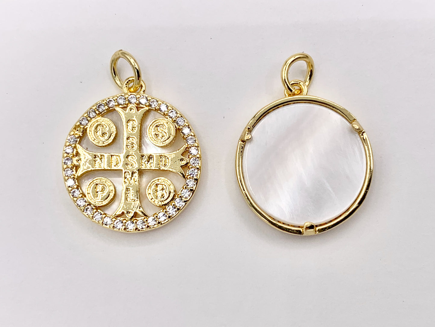 16mm Coin Cross Charm White Lip Shell St Benedict Cute Tiny Religious Pendants in 18K Gold/Silver Plated over Copper 5 PCS