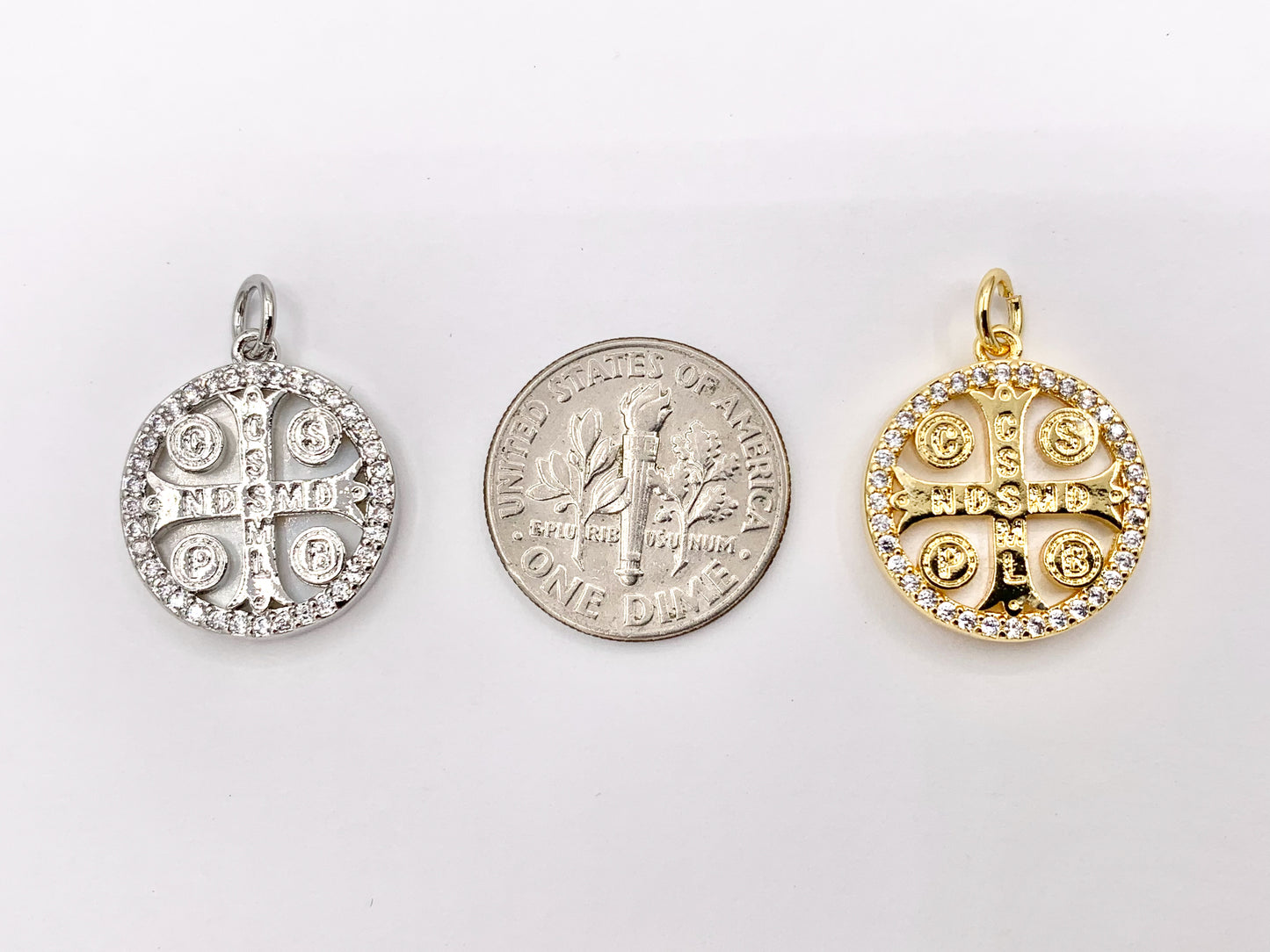 16mm Coin Cross Charm White Lip Shell St Benedict Cute Tiny Religious Pendants in 18K Gold/Silver Plated over Copper 5 PCS