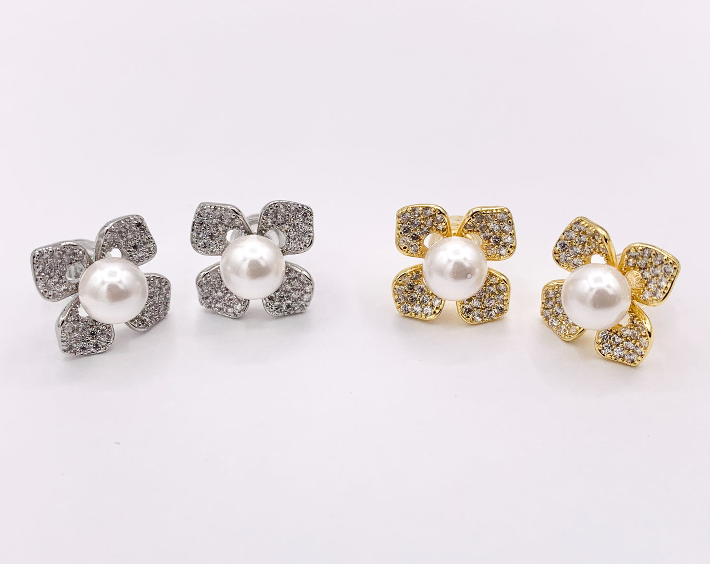 Beautiful CZ Pave Flower Pearl Studs in 18K Gold or Silver Plated Copper 3 PAIRS