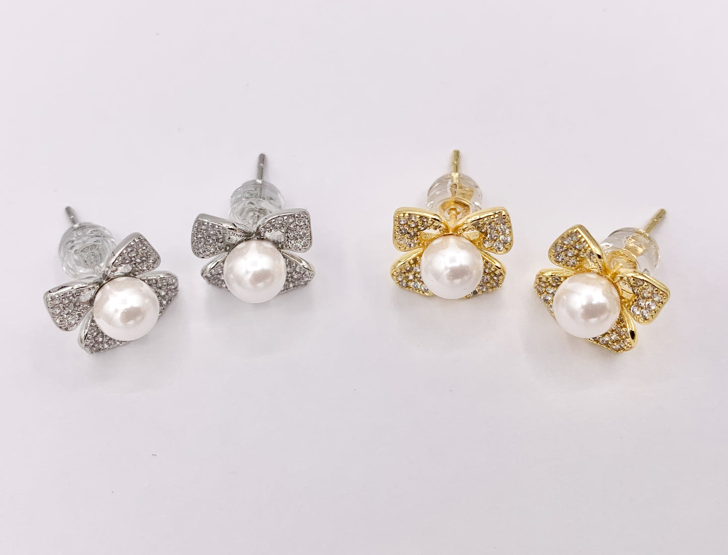 Beautiful CZ Pave Flower Pearl Studs in 18K Gold or Silver Plated Copper 3 PAIRS