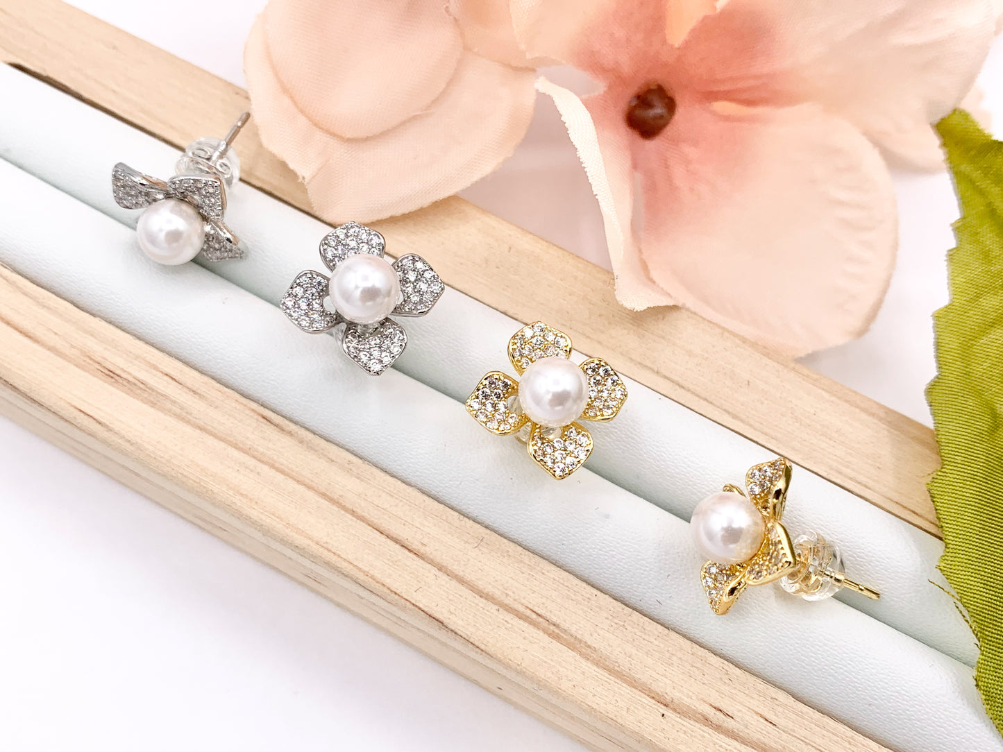 Beautiful CZ Pave Flower Pearl Studs in 18K Gold or Silver Plated Copper 3 PAIRS