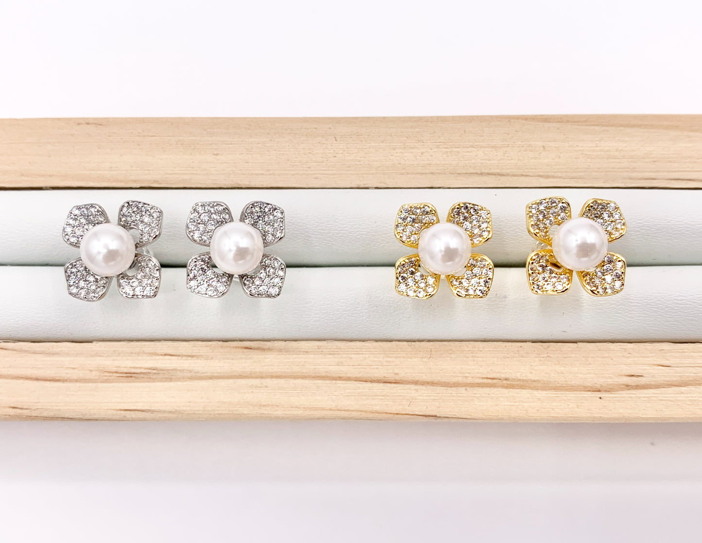 Beautiful CZ Pave Flower Pearl Studs in 18K Gold or Silver Plated Copper 3 PAIRS