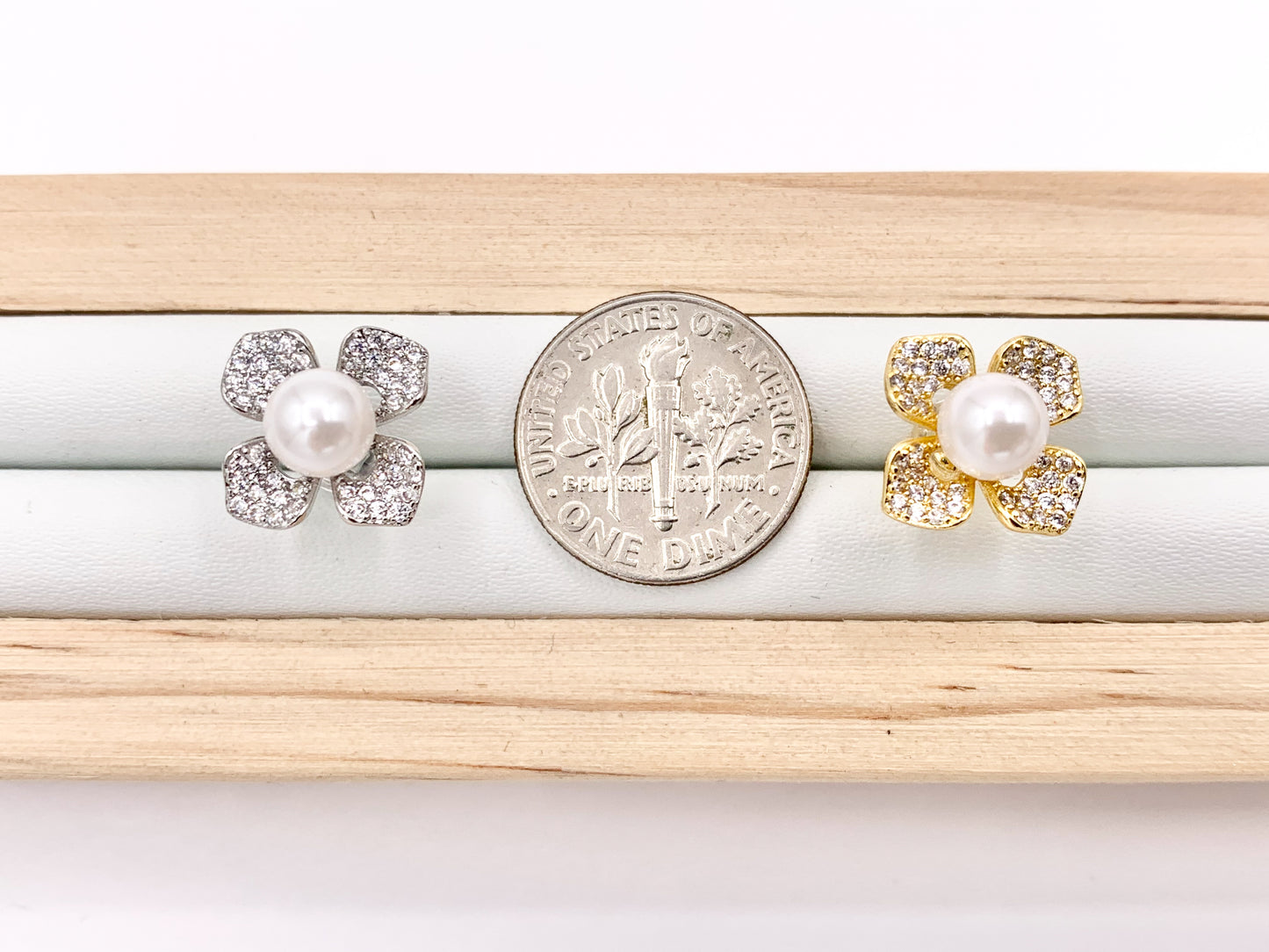 Beautiful CZ Pave Flower Pearl Studs in 18K Gold or Silver Plated Copper 3 PAIRS