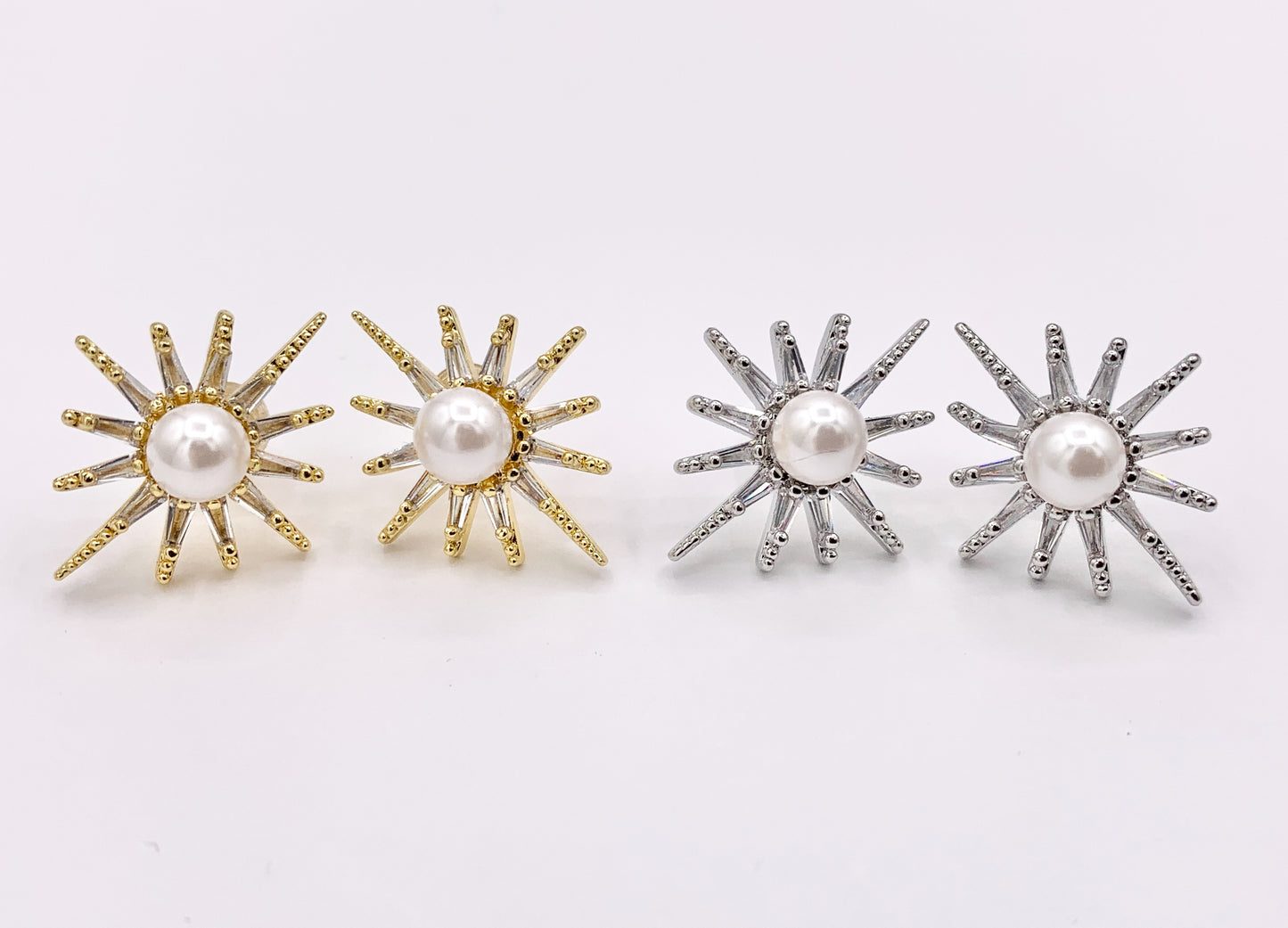 Starburst with Pearl Stud Earrings in Real 18K Gold/Platinum Plated Pave Over Copper 3 PAIRS