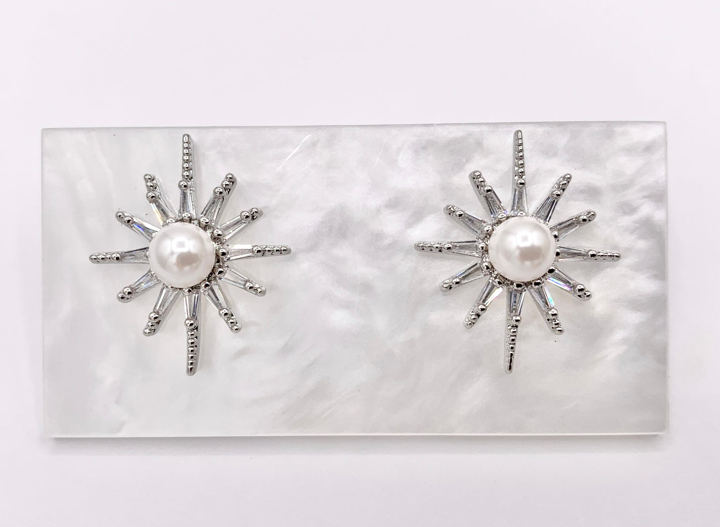 Starburst with Pearl Stud Earrings in Real 18K Gold/Platinum Plated Pave Over Copper 3 PAIRS