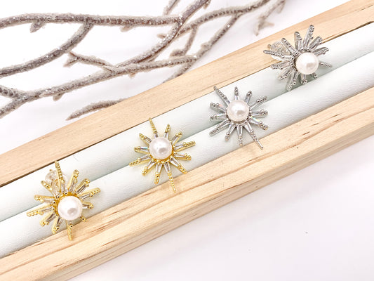 Starburst with Pearl Stud Earrings in Real 18K Gold/Platinum Plated Pave Over Copper 3 PAIRS