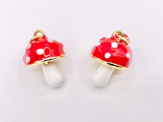 Cute Red And White Enamel Mushroom Charms 3D Puffy Fruit Charms in 18K Gold Plated Over Copper 6 PCS