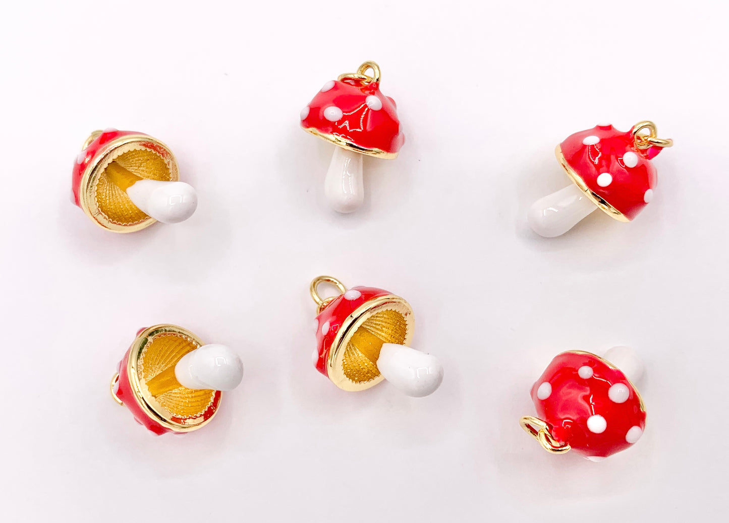 Cute Red And White Enamel Mushroom Charms 3D Puffy Fruit Charms in 18K Gold Plated Over Copper 6 PCS