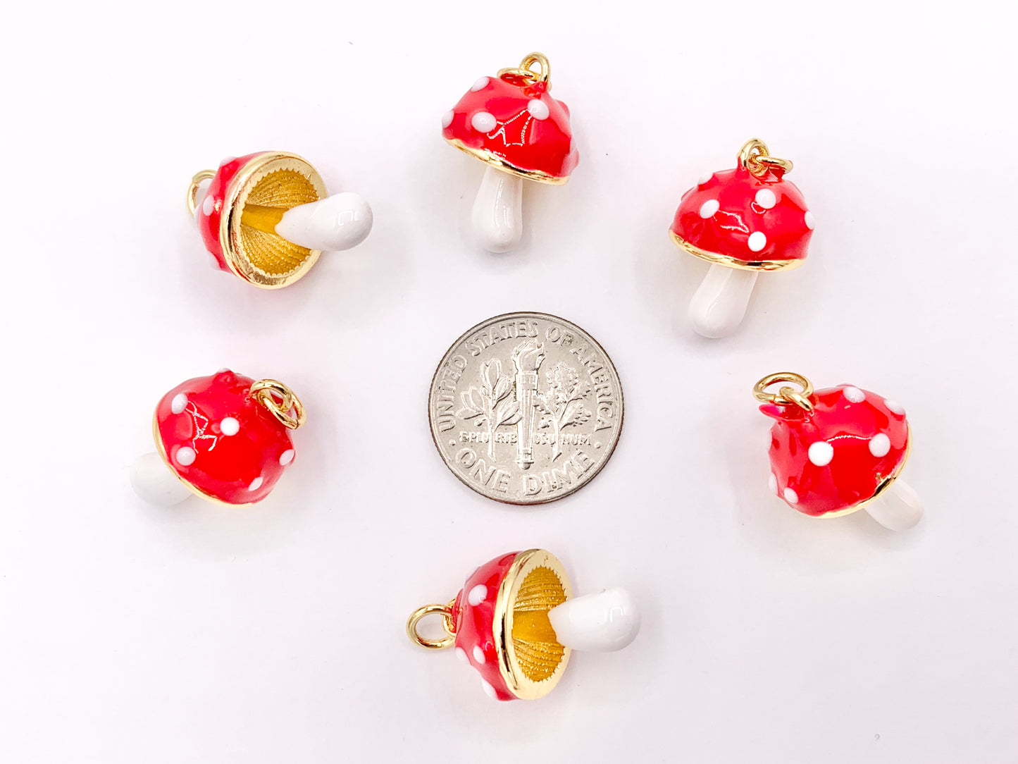 Cute Red And White Enamel Mushroom Charms 3D Puffy Fruit Charms in 18K Gold Plated Over Copper 6 PCS