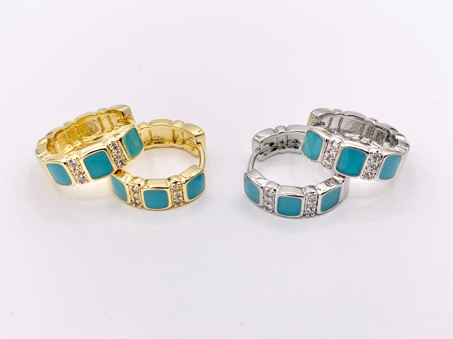 Minimalist Blue Enamel Dainty Earring Huggies 18K Gold/Silver Plated Over Copper Earrings 4 PAIRS